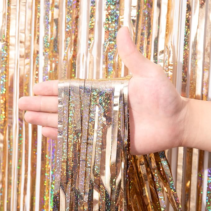 Voircoloria Laser Champagne Foil Backdrop Curtains, 3 Pack | Tinsel Streamers - Image 2