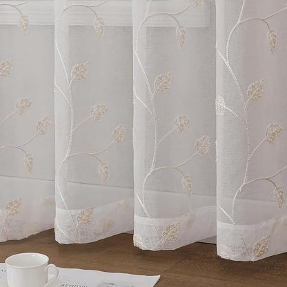 Beige Sheer Curtains Decorative Embroidered Leaf 63 Inches Long | Light - Image 4