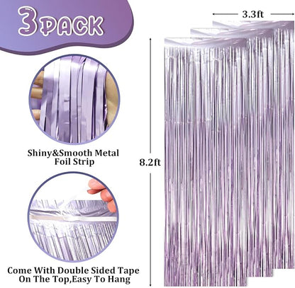 Voircoloria Light Purple Foil Fringe Backdrop Curtains, 3 Pack | Tinsel - Image 2