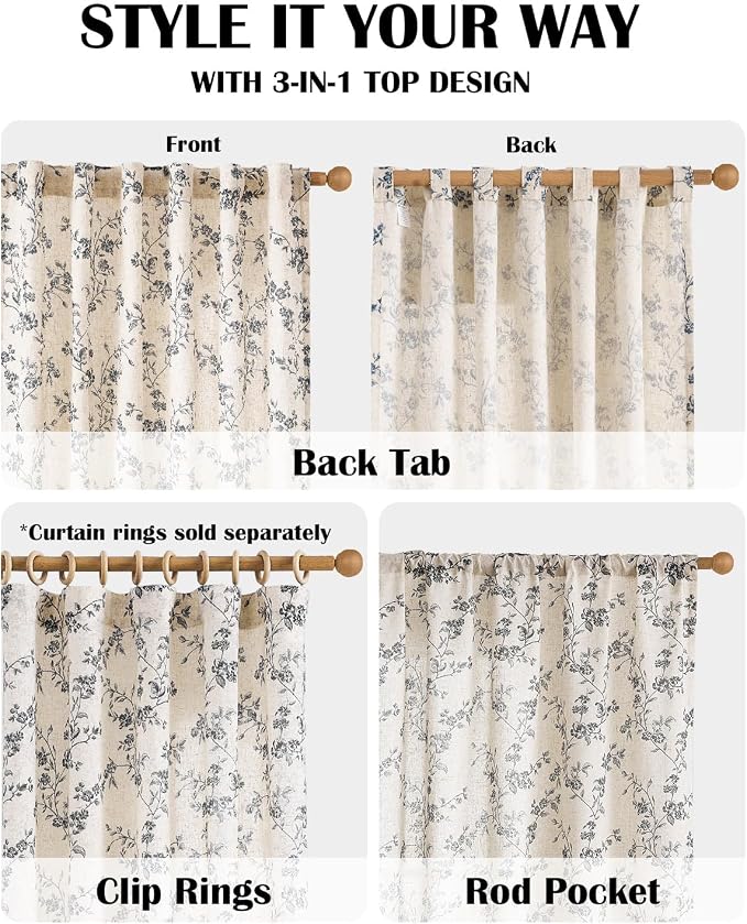 Black Vintage Floral Linen Curtains Farmhouse 50W X 90L 2 Panels | Elisa Series - Image 6