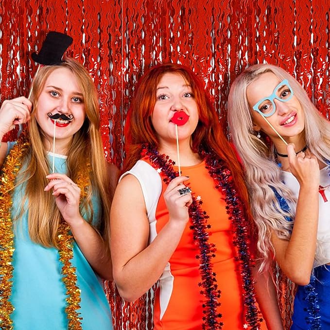Red Tinsel Foil Fringe Curtains Wavy Backdrop - Image 6