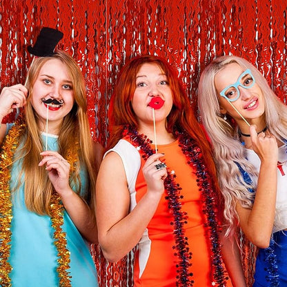 Red Tinsel Foil Fringe Curtains Wavy Backdrop - Image 6