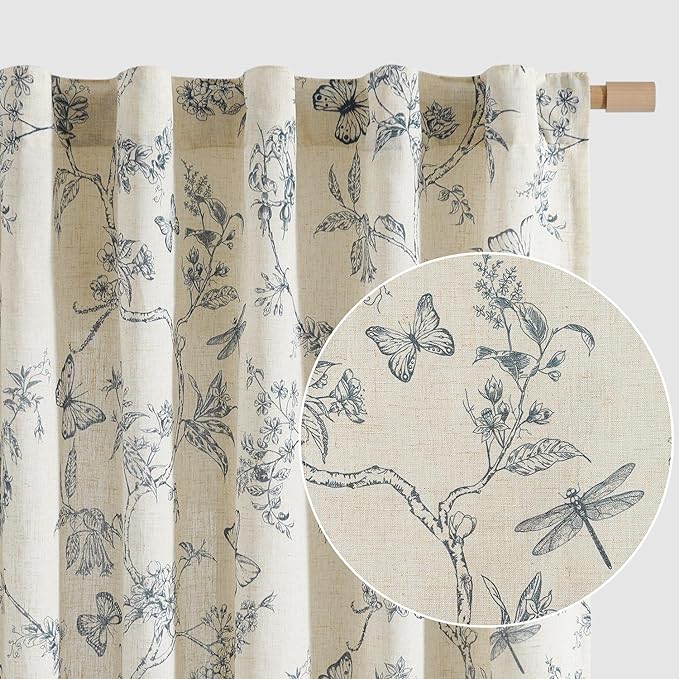 Blue Floral Linen Curtains Farmhouse Rod Pocket 50W X 90L 2 Panels | Charlotte by Lazzzy