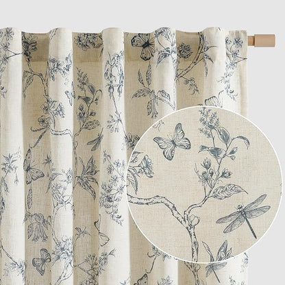Blue Floral Linen Curtains Farmhouse Rod Pocket 50W X 90L 2 Panels | Charlotte by Lazzzy