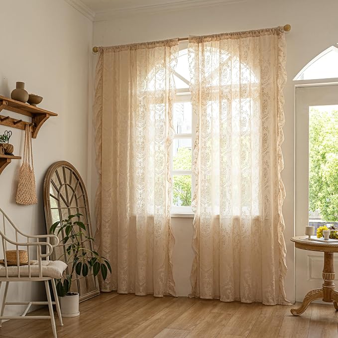Deeprove Beige Lace Boho Sheer Curtains Cottage 2 Panels - Image 8