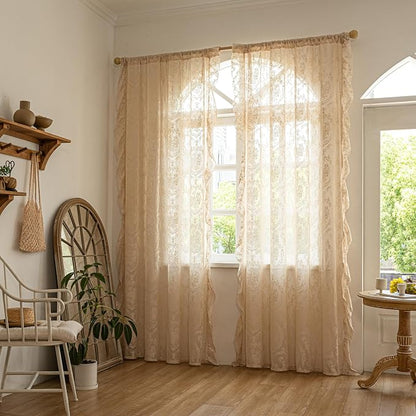 Deeprove Beige Lace Boho Sheer Curtains Cottage 2 Panels - Image 8