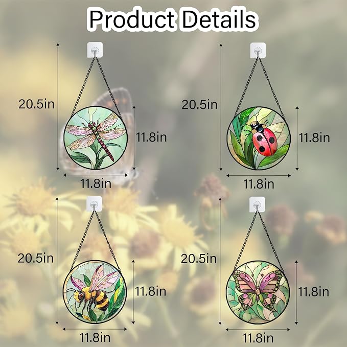 DASTOLL Stained Glass Window Hanging 4 Pcs Set Pink Green Insect Theme Large - Image 6
