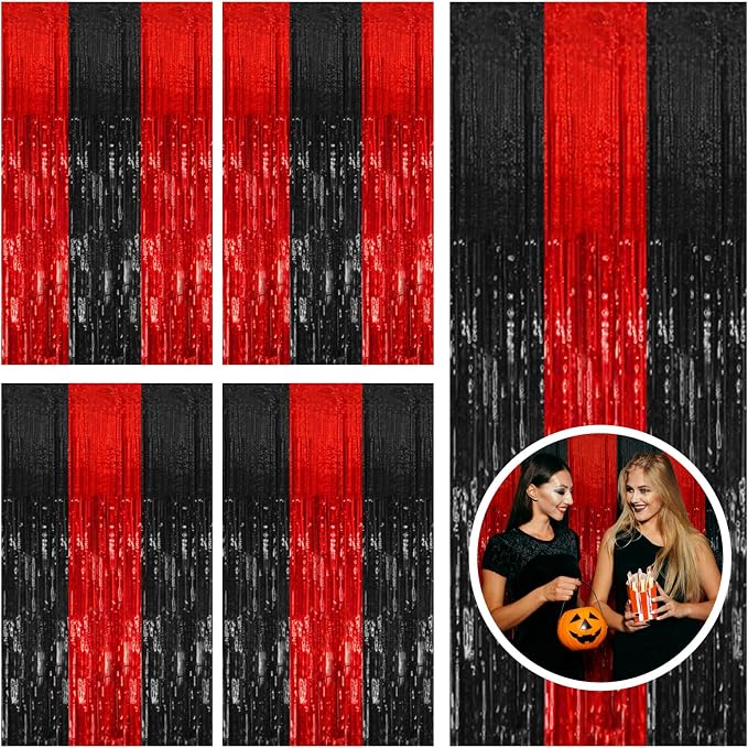 5 Pack Black and Red Backdrop Party Decorations Tinsel Curtain Halloween Party by BOMSI