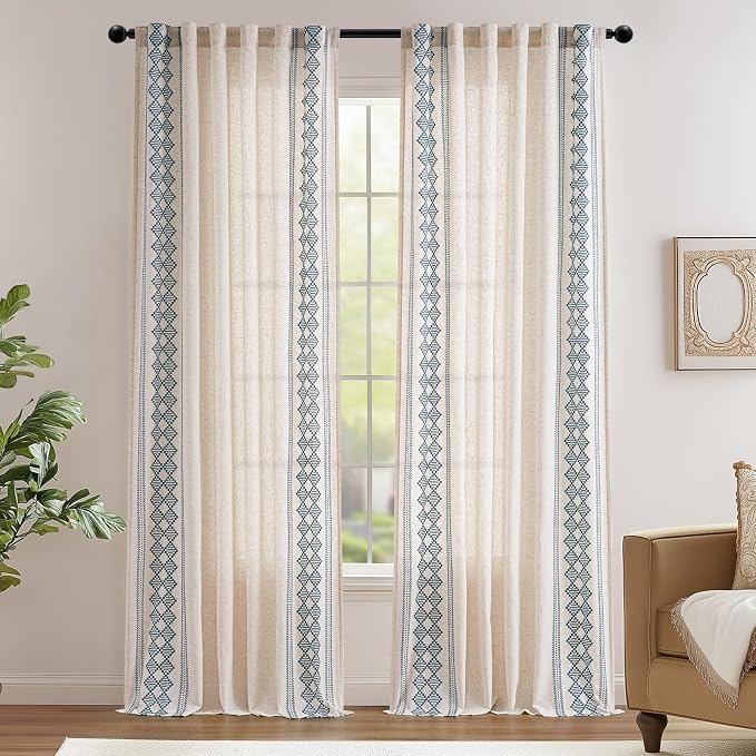 jinchan Floral Linen Curtains Embroidered Back Tab 50x96in 2 Panels Blue | - Image 2