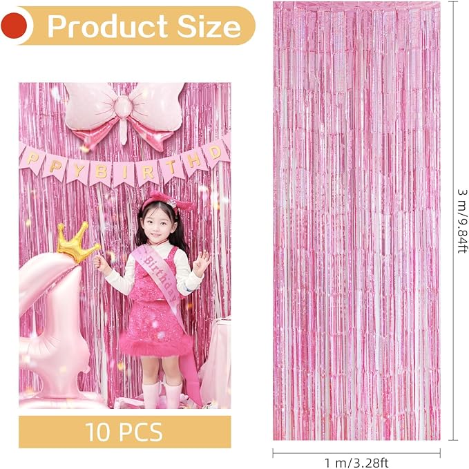10 Pack Pink Foil Curtain Backdrop 3.2ft x 9.8ft Metallic Tinsel Foil Fringe - Image 3