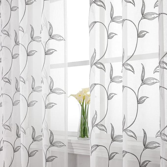 Sheer Curtains Boho Leaf Floral Embroidered Grey 54Wx72L | Light Filtering Semi by VISIONTEX