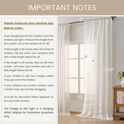 WAZZIO White Boho Lace Curtains 96 Inch -Cute Vintage Victorian Sheer Panel - Image 8