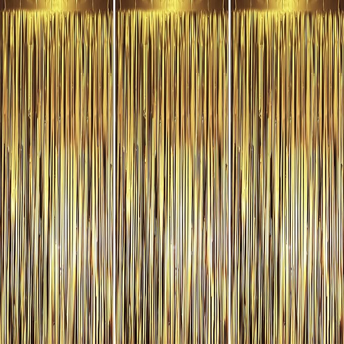 Voircoloria Dark Gold Foil Fringe Backdrop Curtains, 3 Pack | Tinsel Streamers by Voircoloria