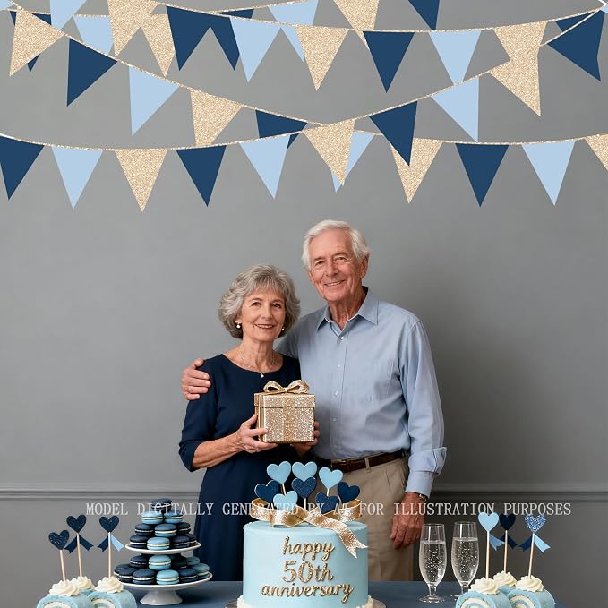 Champagne Gold Navy Blue Dusty Blue Pennant Banner Flag Hanging Paper Triangle - Image 7