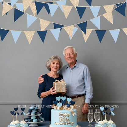 Champagne Gold Navy Blue Dusty Blue Pennant Banner Flag Hanging Paper Triangle - Image 7