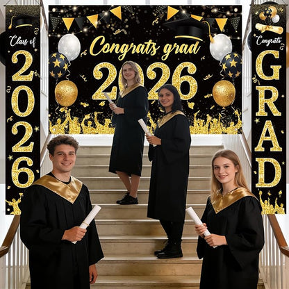 Sophena Graduation Decorations Class of 2026 Grad Banner Backdrop Black and Gold - Image 5