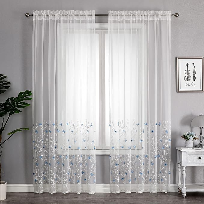 White Sheer Voile Curtains White Embossed Butterflies 96 Inches | Light - Image 2