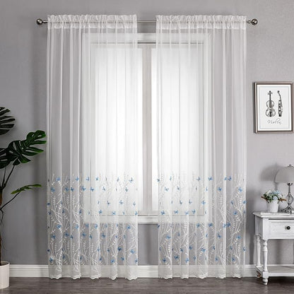 White Sheer Voile Curtains White Embossed Butterflies 96 Inches | Light - Image 2