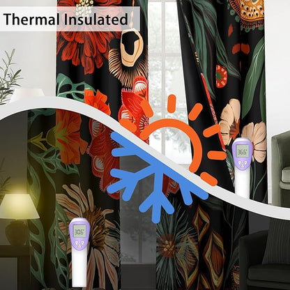 Tyrot Black Red Boho Floral 100% Blackout Curtains - Image 4