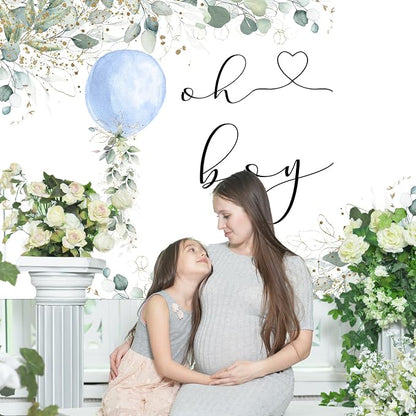 Mocsicka Oh Boy Watercolor Blue Balloon Backdrop Greenery Boy Baby Shower - Image 6