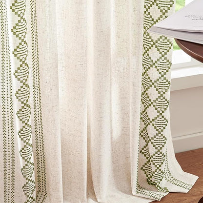 jinchan Floral Linen Curtains Embroidered Back Tab 50x84in 2 Panels Green | - Image 7