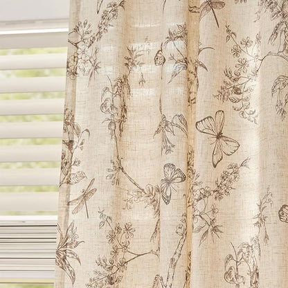 Taupe Floral Linen Curtains Farmhouse Rod Pocket 50W X 108L 2 Panels | - Image 9