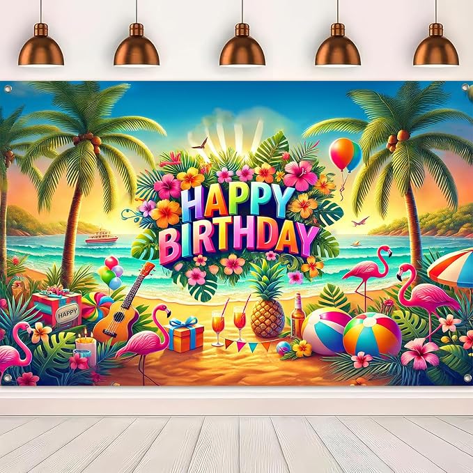 BlissYard Beach Hibiscus Polyester Birthday Banner 71x43 Inch Decor | Polyester - Image 5