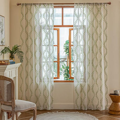 2 Panels Linen Leaf String Floral Embroidered Semi Sheer Curtain Farmhouse - Image 2