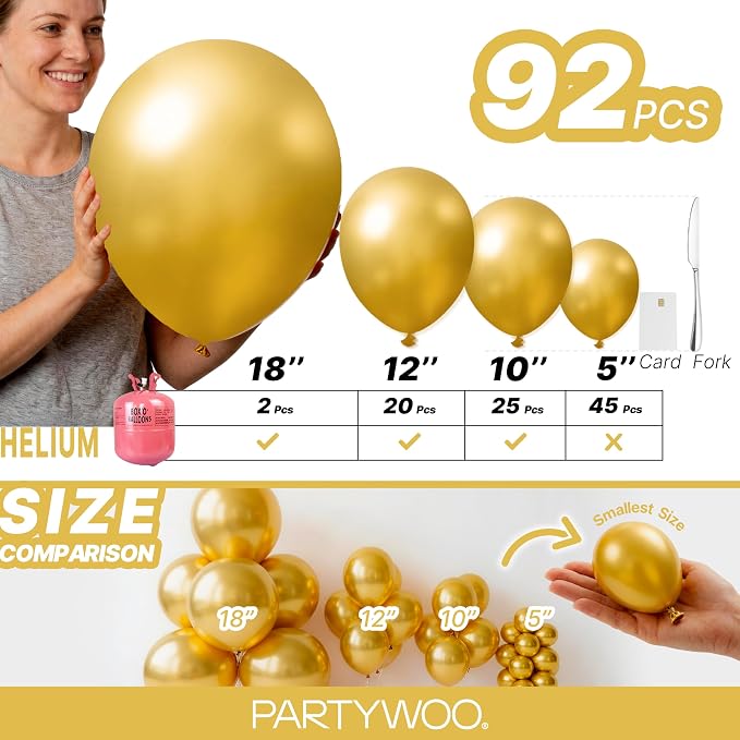 PartyWoo Gold Balloons 92pcs Different Sizes of 18 12 10 5 Inch Gold Balloon - Image 6