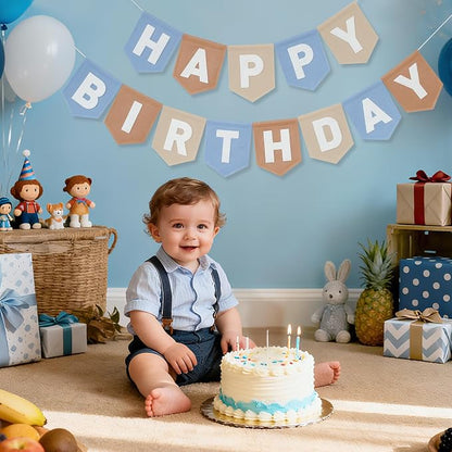Felt Blue Khaki Happy Birthday Banner Birthday Decorations - Image 3