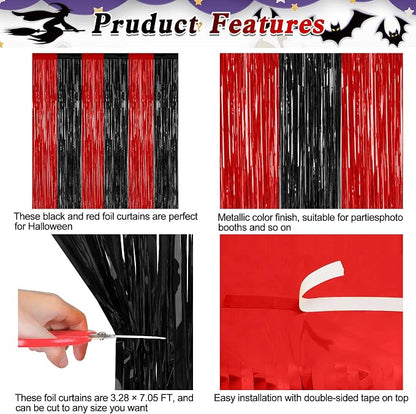 ZATAYE 2 Pack Black Red Halloween Foil Curtain Streamer Decorations | Black Red - Image 4