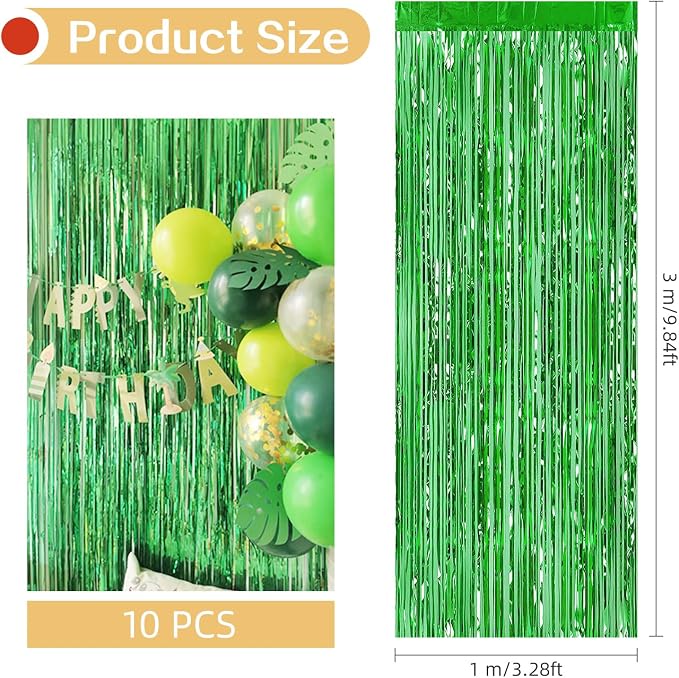 10 Pack Green Foil Curtain Backdrop 3.2ft x 9.8ft Metallic Tinsel Foil Fringe - Image 3