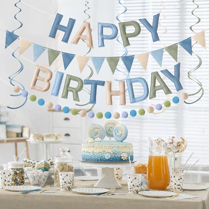 Kriyokiaa Dusty Blue Sage Green Happy Birthday Banner Party Set | Pre-strung - Image 5