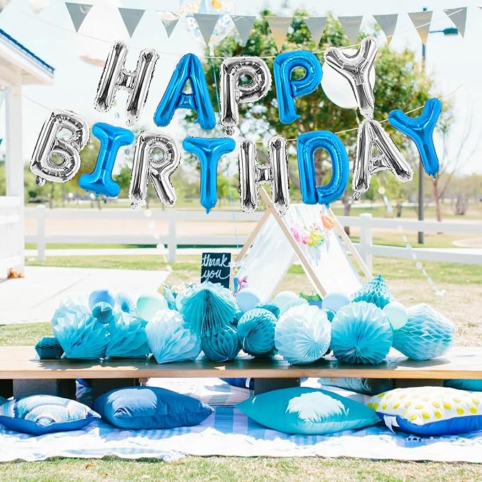 TONIFUL 16 Inch Deep Blue Silver Happy Birthday Balloons Banner Decorations | - Image 4