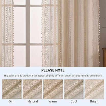 WAZZIO Boho Lace Curtains 108 Inch 2 Panel, Light Filtering Privacy Tassel & - Image 10
