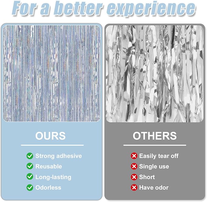 7 Pack 3.3 x 9.9 ft Holographic Silver Tinsel Streamers Party Decorations | - Image 3