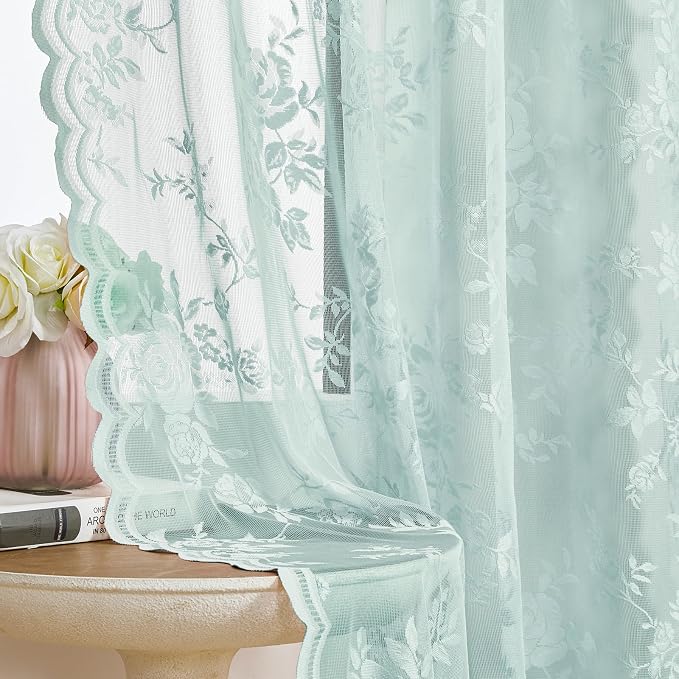 Pastel Teal Lace Curtains 96 Inches Long Aqua Floral Curtains - Image 4