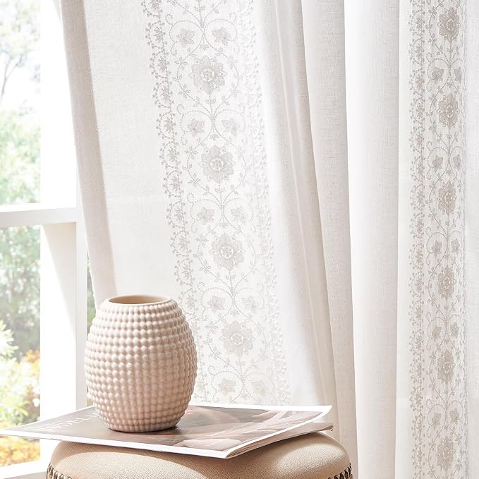 jinchan Floral Linen Curtains Embroidered Back Tab 50x90in 2 Panels White | by JINCHAN