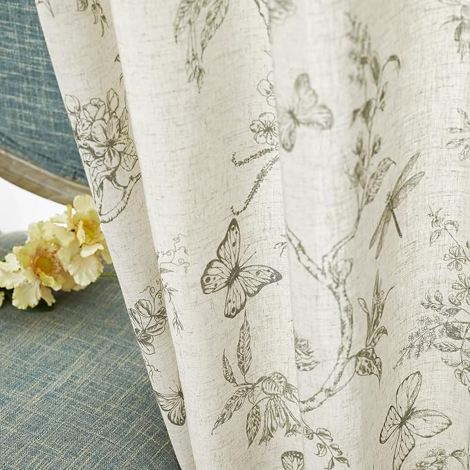 Green Floral Linen Curtains Farmhouse Rod Pocket 50W X 96L 2 Panels | Charlotte - Image 7
