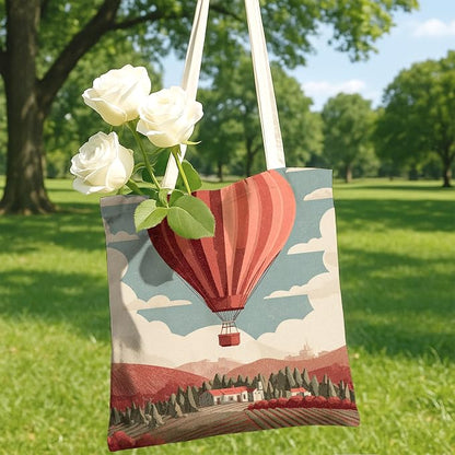 Vintage Hot Air Balloon Canvas Tote Bags, Artistic Landscape Reusable Grocery - Image 5
