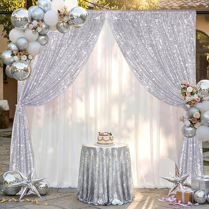 Silver Sequin Backdrop Curtains-2 Panels 2FTx8FT Silver Backdrop - Image 6