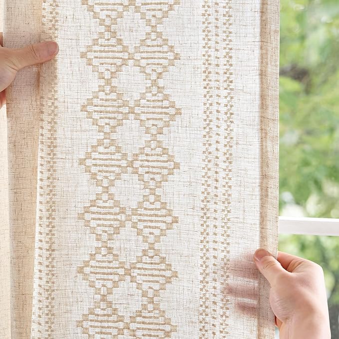 jinchan Floral Linen Curtains Embroidered Back Tab 50x63in 2 Panels Ivory | - Image 3