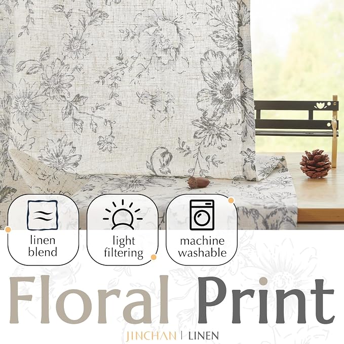 jinchan Grey Floral Linen Curtains 45 Inch Vintage Back Tab 2 Panels | Light - Image 3