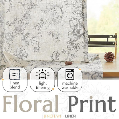 jinchan Grey Floral Linen Curtains 45 Inch Vintage Back Tab 2 Panels | Light - Image 3