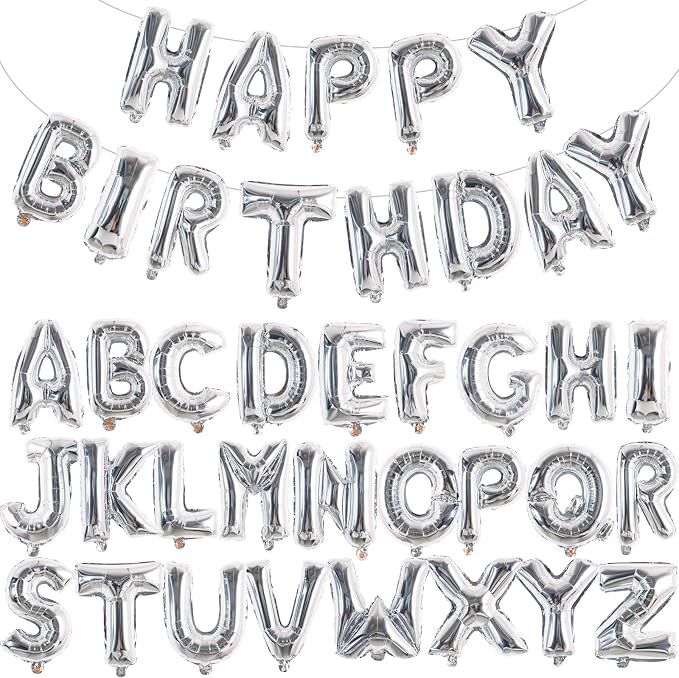 TONIFUL 65 Pcs 16 Inch Silver Happy Birthday Balloons and 2 Sets A-Z Foil by TONIFUL