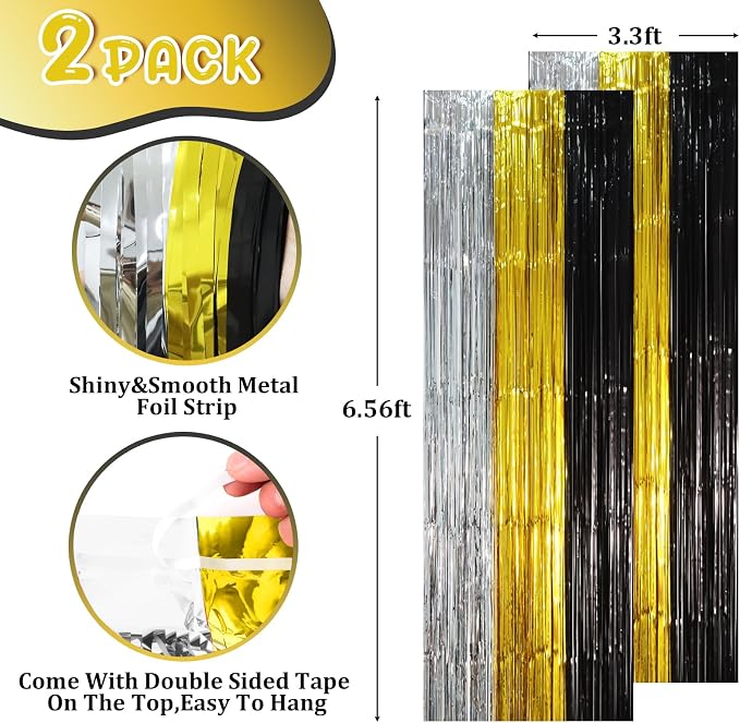 Voircoloria Black Gold Silver Fringe Backdrop Curtains, 2 Pack | Tinsel - Image 2