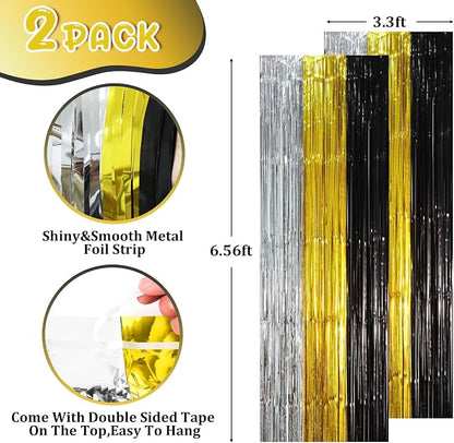 Voircoloria Black Gold Silver Fringe Backdrop Curtains, 2 Pack | Tinsel - Image 2