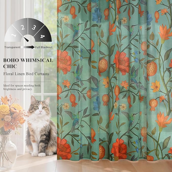 Green Floral Linen Curtains, Boho Whimsical Bird Print Curtains - Image 3