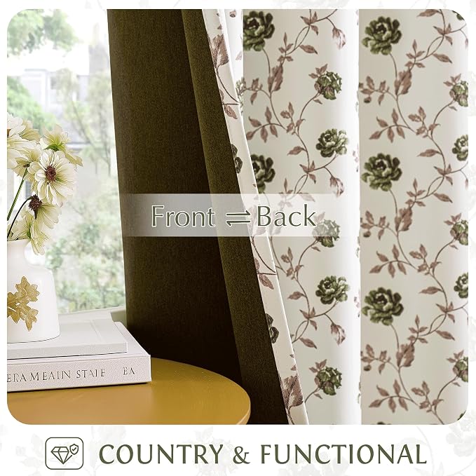 Beauoop Floral 100% Blackout Curtains Bedroom Green Brown 52x63 2 Panels | Rose - Image 3