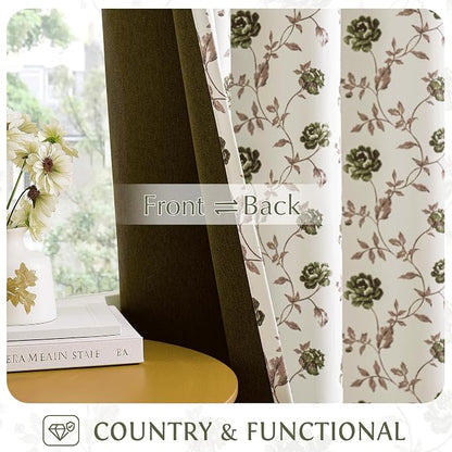 Beauoop Floral 100% Blackout Curtains Bedroom Green Brown 52x63 2 Panels | Rose - Image 3